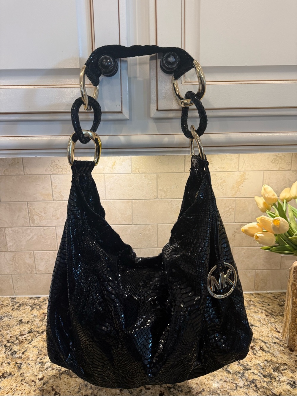 Stunning Michael Kors Black Snake-Embossed Shoulder Hobo with Gold Hardware